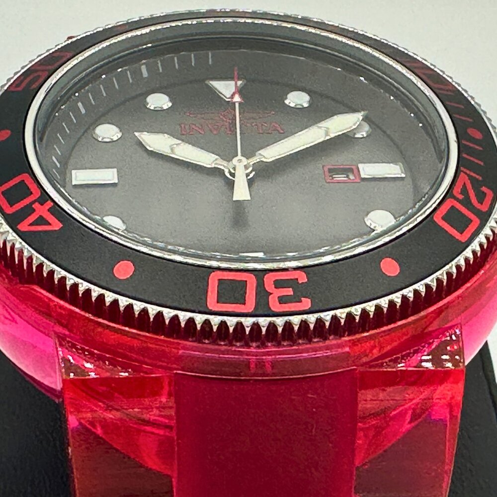 BRAND NEW Invicta Pro Diver 51mm Black Dial Transparent Watch Red Poly Strap